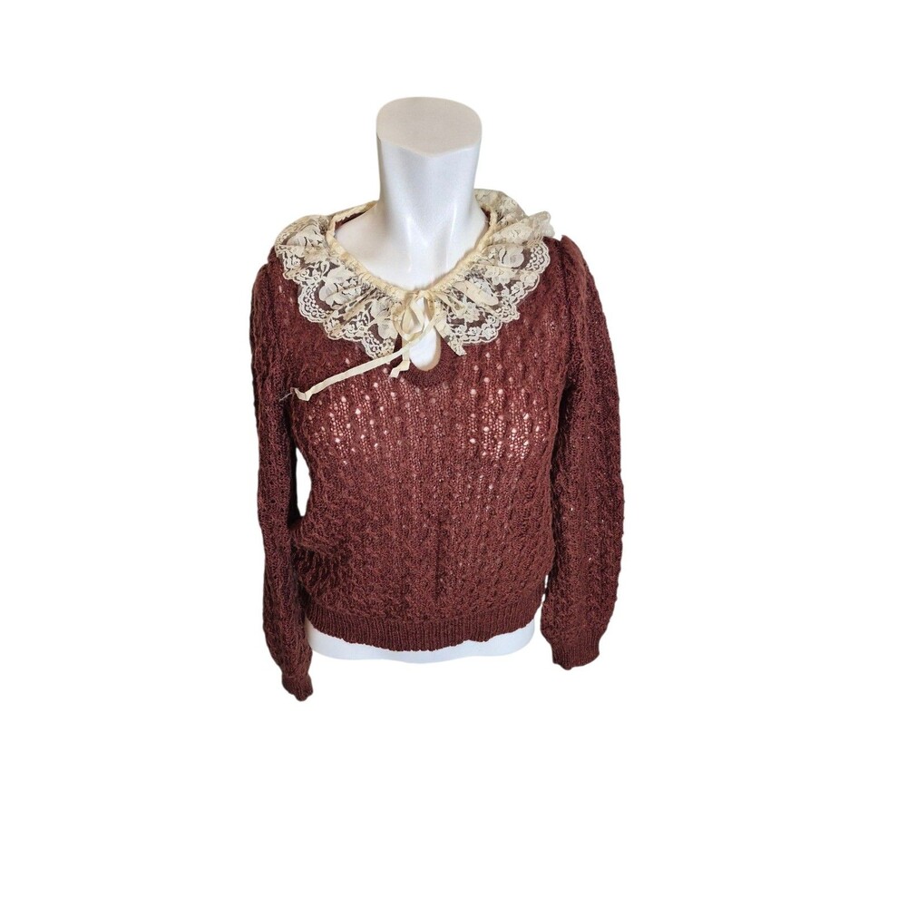 Vintage Boho 70s Sweater Open Knit Lace Collared Sweater Brown Sz XS